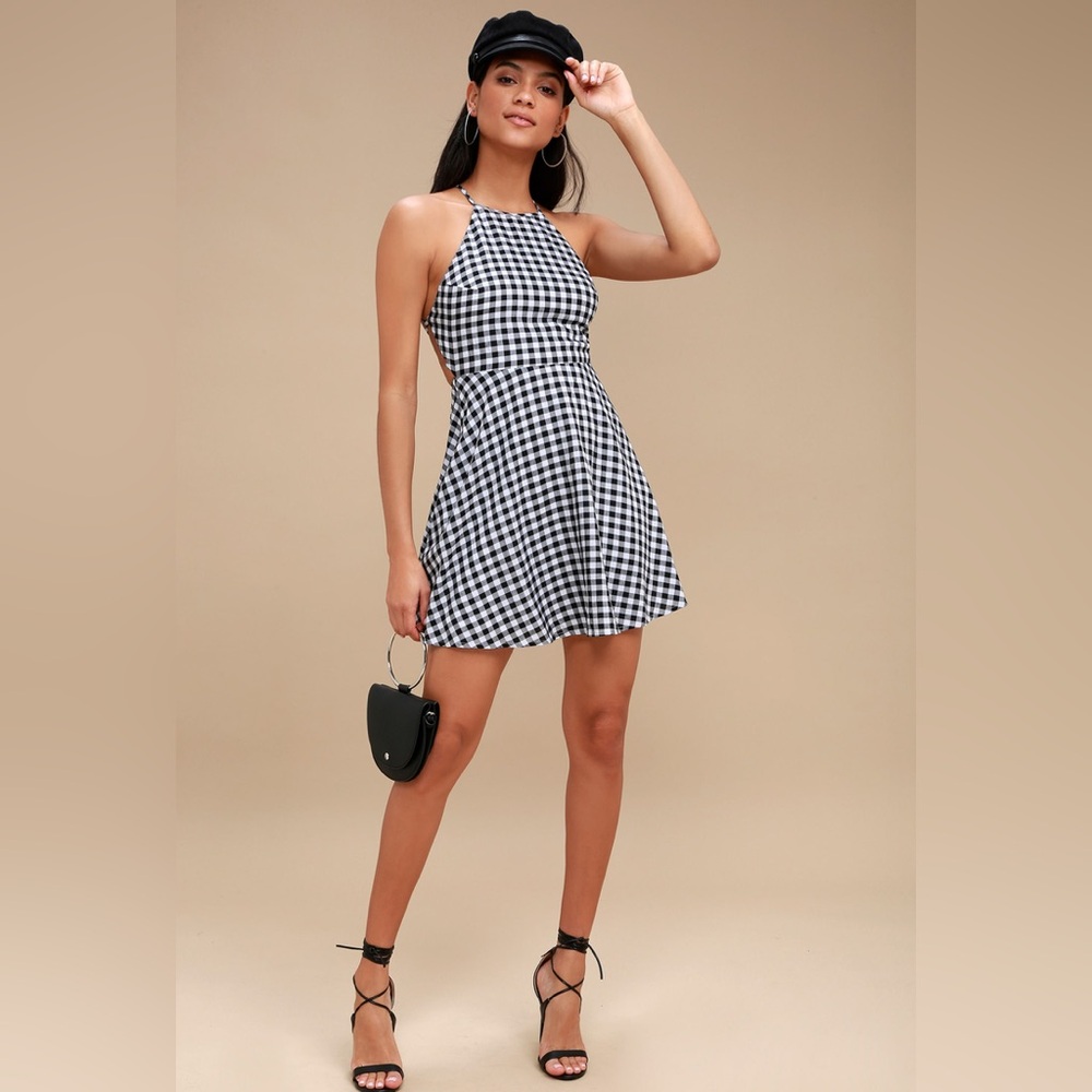 Lulus Arezzo Black and White Gingham Lace-Up Skater Dress